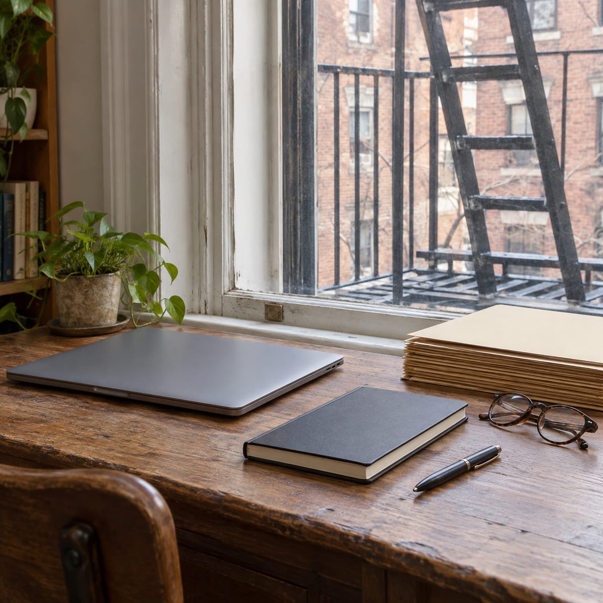 A desk by a window with a black fire escape outside, holding a closed laptop, a closed notebook, a pen, reading glasses and a stack of plain folders