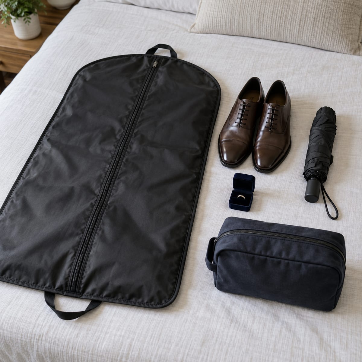 A zipped garment bag, a pair of shoes, a small ring box, a folded umbrella and a small travel bag laid out neatly on a made bed