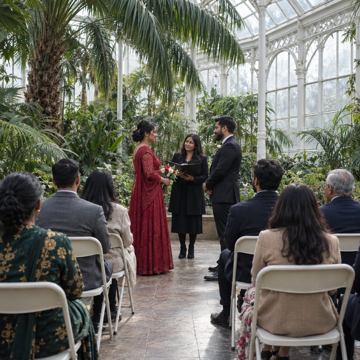 A woman in a red dress and a man in a black suit, both with warm tan skin, stand with an officiant among tall palms inside a white iron and glass conservatory before six guests on folding chairs