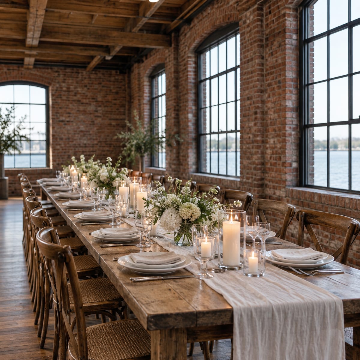 A long table set for a small dinner with candles, white plates and low flowers in a brick walled loft with timber beams and steel framed windows