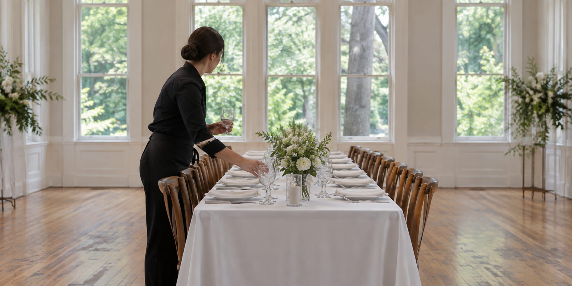 A staff member in black, face turned away, places glasses along a long white linen table in a room with tall windows and a wood floor