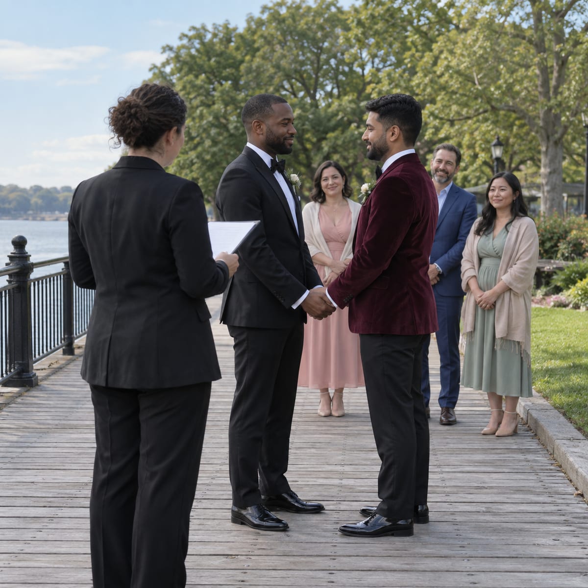 Two men, one with dark skin and one with light tan skin, in a black tuxedo and a burgundy velvet jacket face each other holding hands on a wooden pier deck, an officiant and three guests nearby