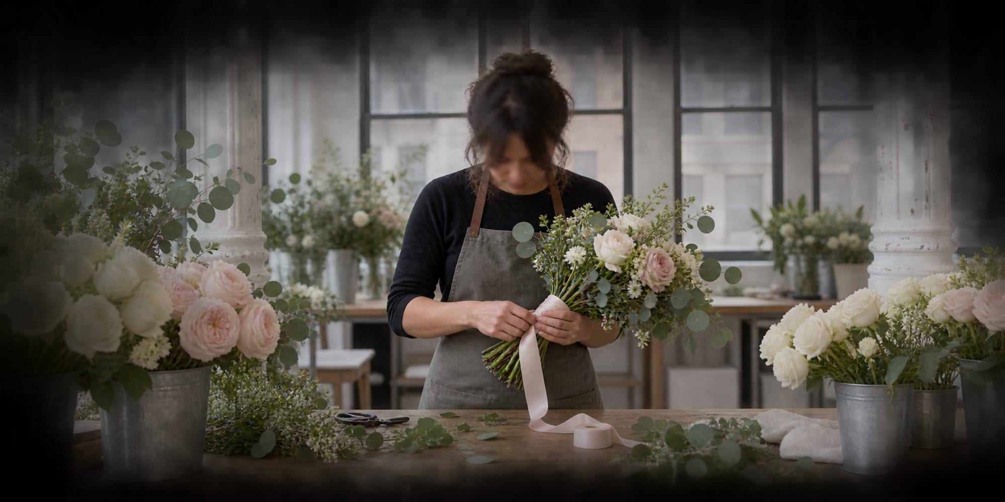 A florist with head bowed wraps a bouquet stem in ribbon at a long worktable in a loft with arched windows and white cast iron columns