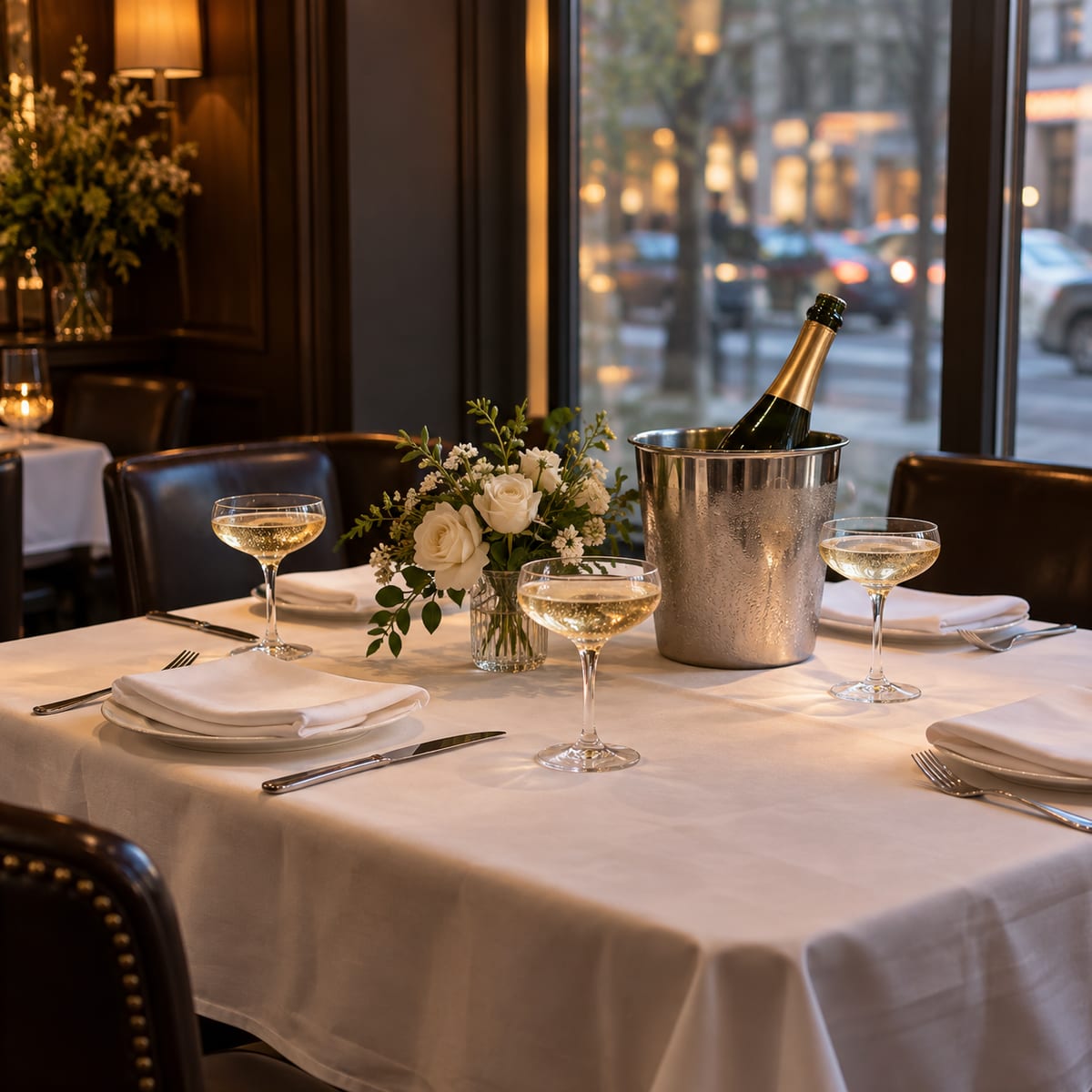 A restaurant table for four with a white tablecloth, coupe glasses, a sparkling wine bottle in a steel bucket and a small bouquet beside a tall window