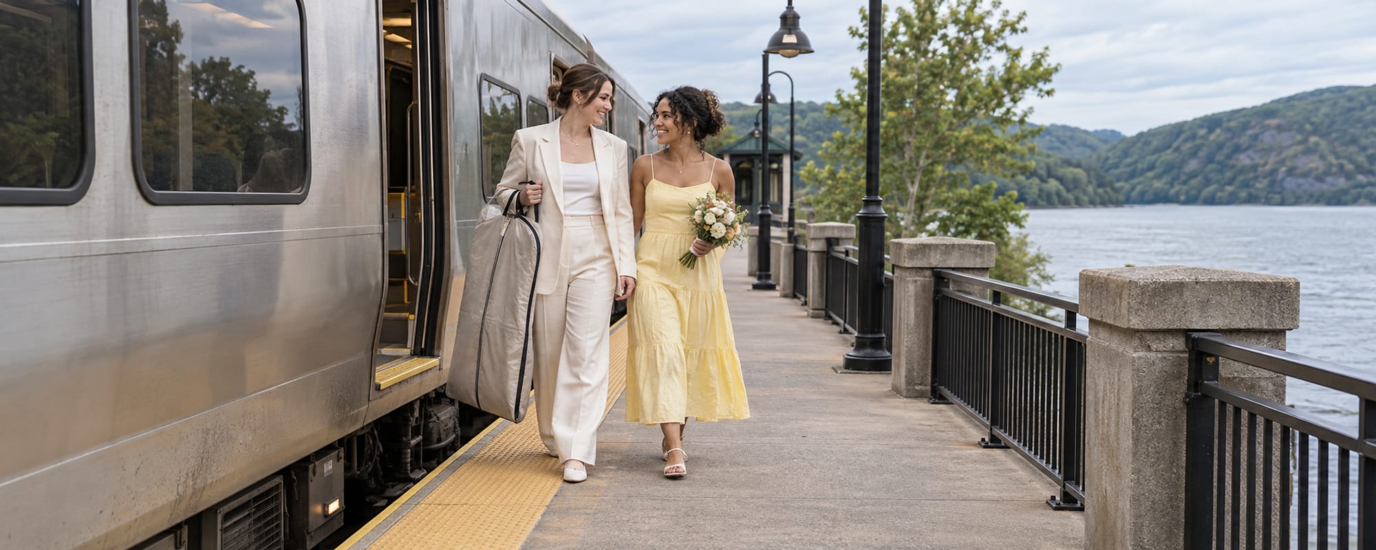 Two women, one with pale skin and one with golden brown skin, step off a silver commuter train onto a small platform beside a wide river, holding a garment bag and a small bouquet