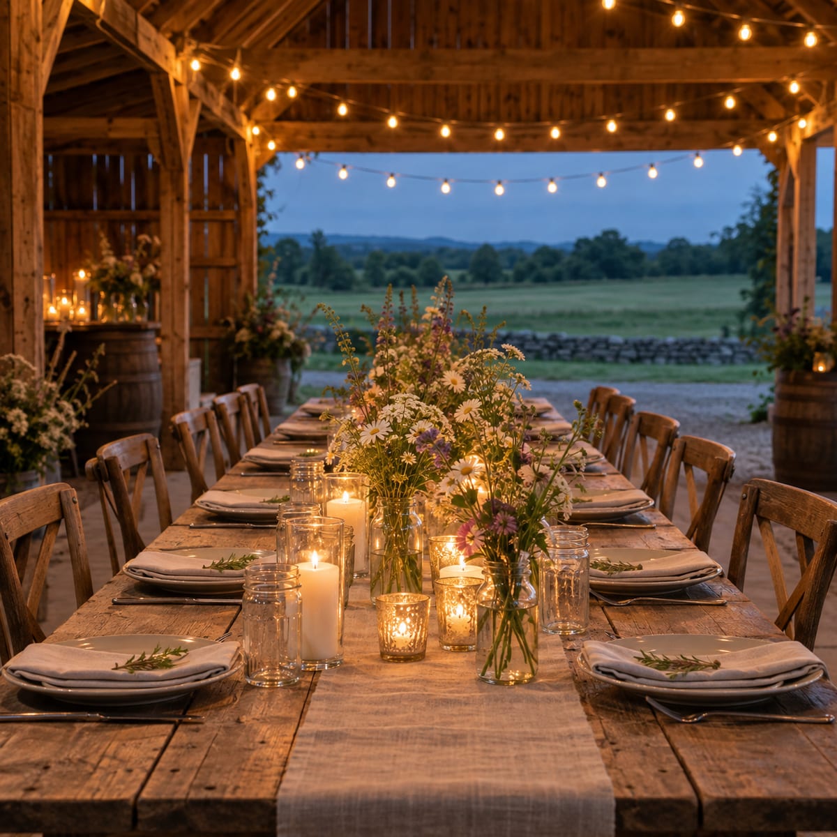 A long farm table set with candles and jars of wildflowers under strings of warm bulbs in an open sided barn, fields beyond