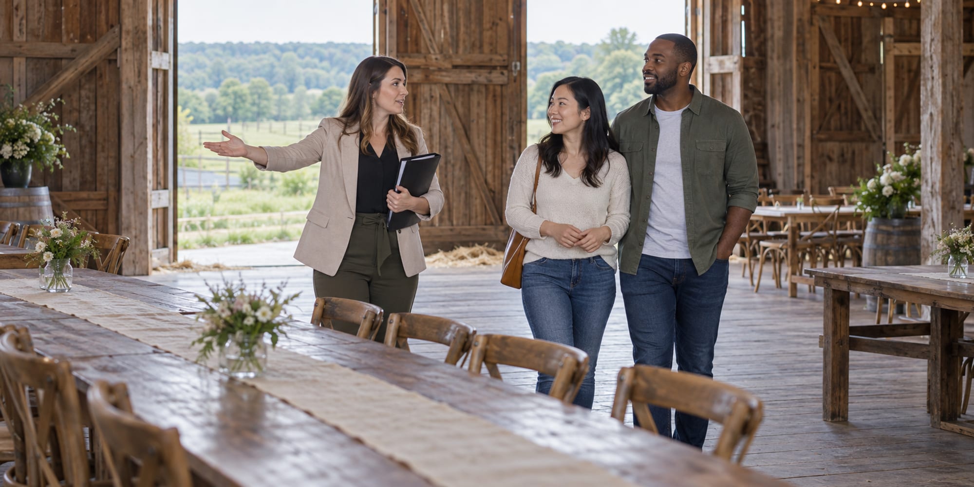 A planner with a binder under one arm gestures toward open barn doors while walking a woman and a man, she with light skin and he with deep brown skin, through an empty timber barn with long farm tables
