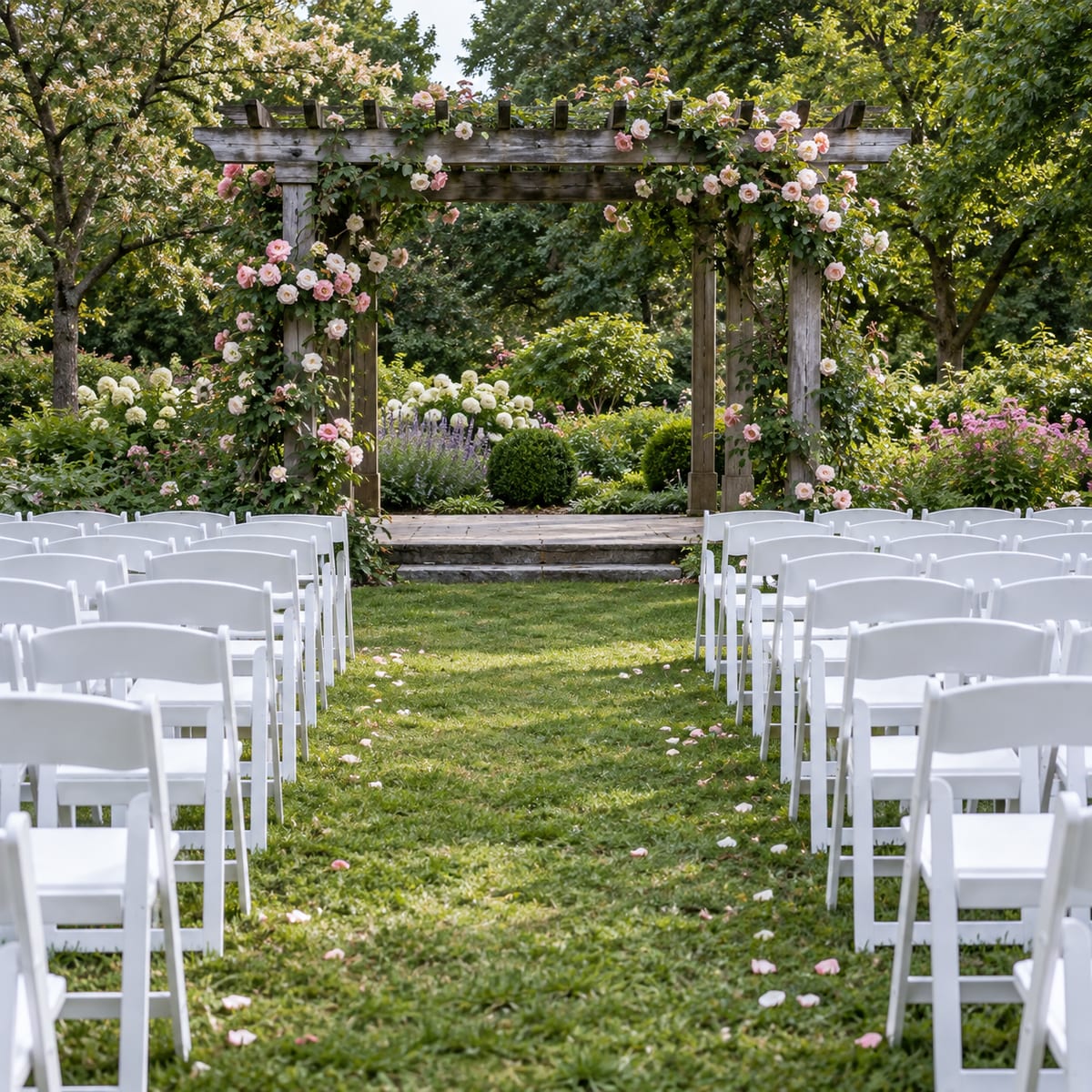 Rows of white folding chairs on a lawn face a wooden pergola with climbing roses, empty and ready for a ceremony