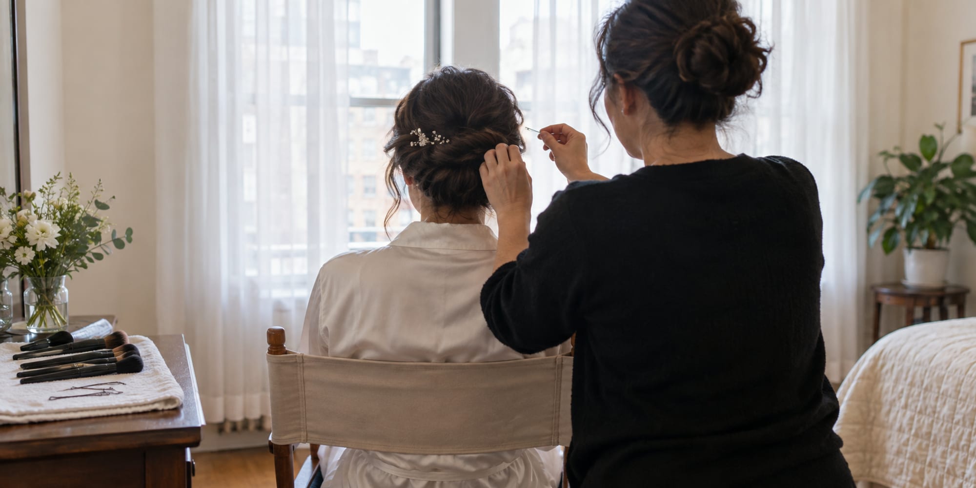 A hair and makeup artist, seen from behind, pins the hair of a person seated in a canvas chair by a bright window, brushes in rows on a folded towel