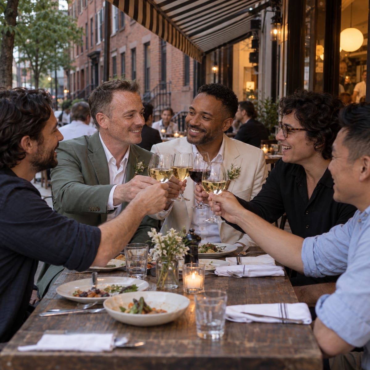 Two men, one with fair freckled skin and one with medium brown skin, in sage and cream suits raise glasses with three friends at a sidewalk table under a plain striped awning, rowhouses behind