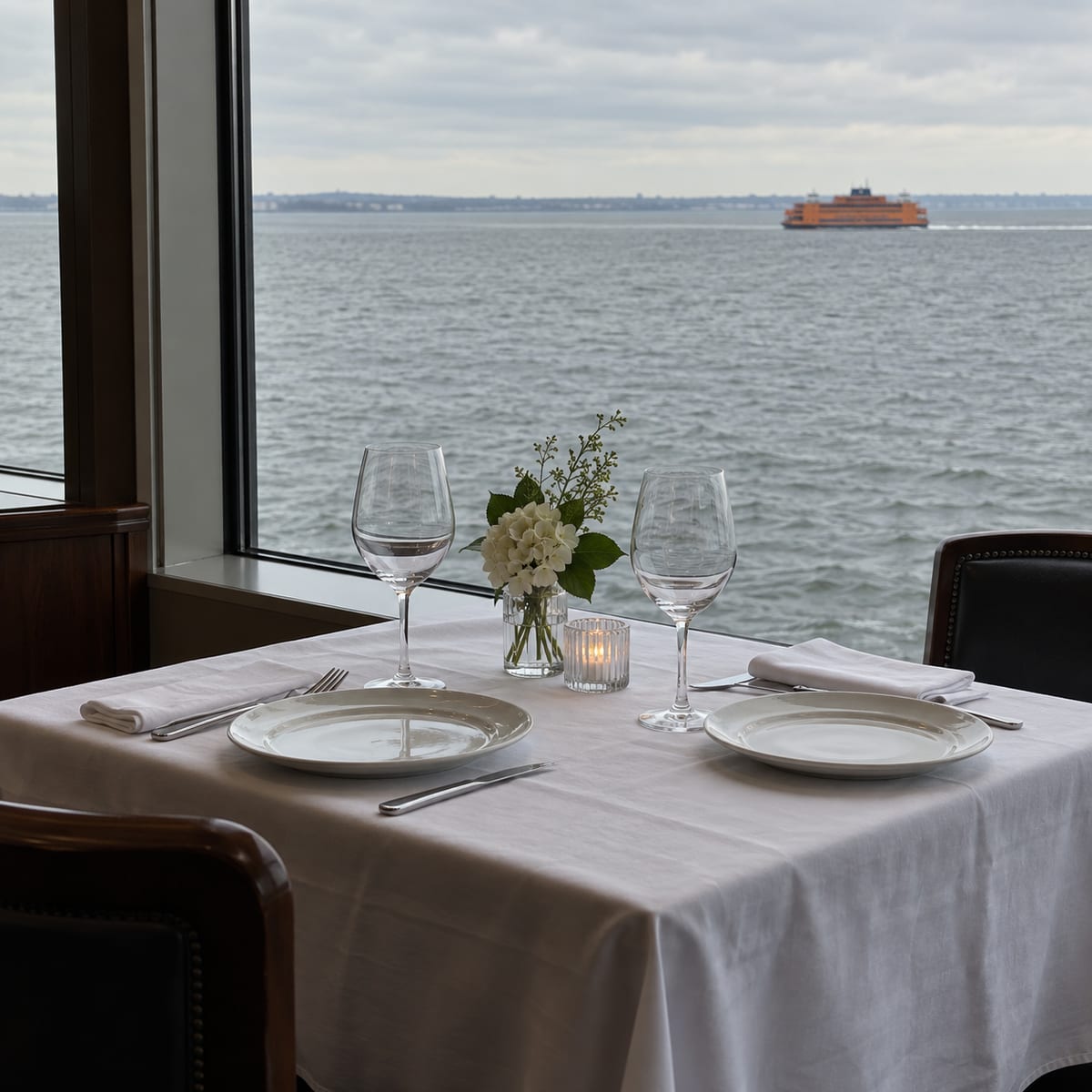 Una mesa para dos con copas y platos sobre mantel blanco junto a un gran ventanal con agua gris del puerto y un ferry naranja a lo lejos