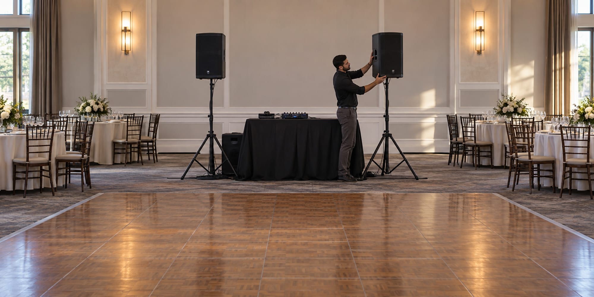Un DJ visto de perfil ajusta una bocina en un salón de banquetes vacío, con una pequeña mezcladora sobre una mesa cubierta de tela negra y una pista de baile vacía