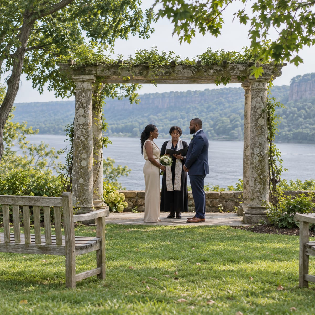 A woman and a man with dark brown skin, she in a champagne jumpsuit and he in a navy suit, stand with an officiant under a stone pergola on a garden lawn above a wide river