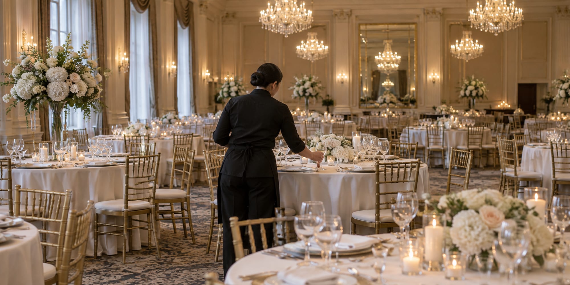 A ballroom being set for a wedding, round tables with white linen and gold chairs under crystal chandeliers, a staff member placing glasses