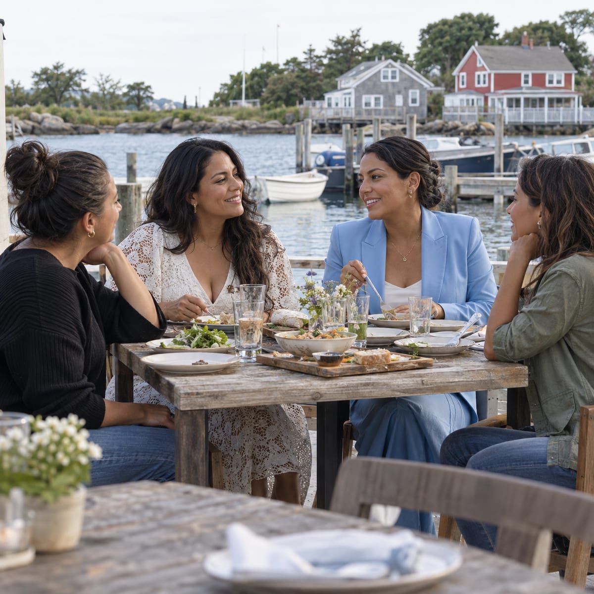 Two women with golden brown skin, one in a white lace dress and one in a sky blue suit, share plates with two friends at a wooden table on a waterfront deck, small boats at a dock behind