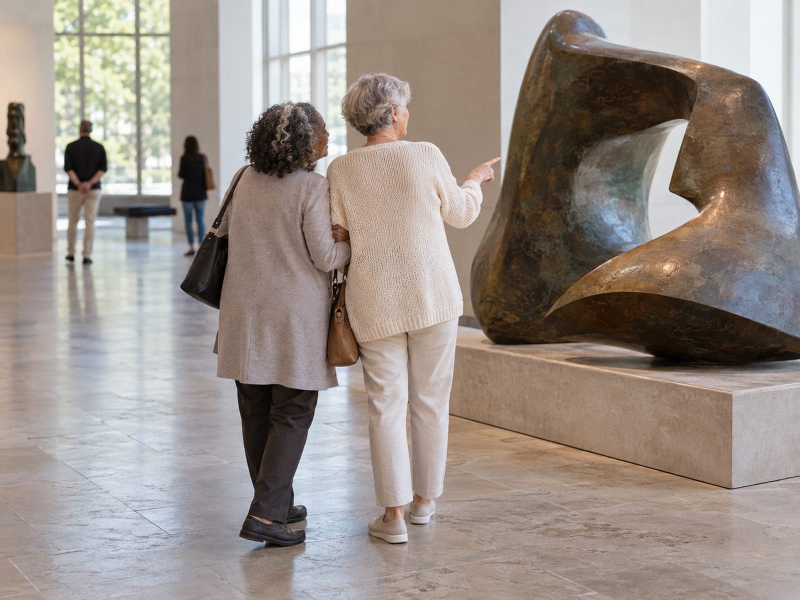 Two women in their sixties in everyday clothes, one with fair freckled skin and one with medium brown skin, walking arm in arm through a quiet museum gallery with pale stone floors and tall windows, pausing by a large abstract bronze sculpture