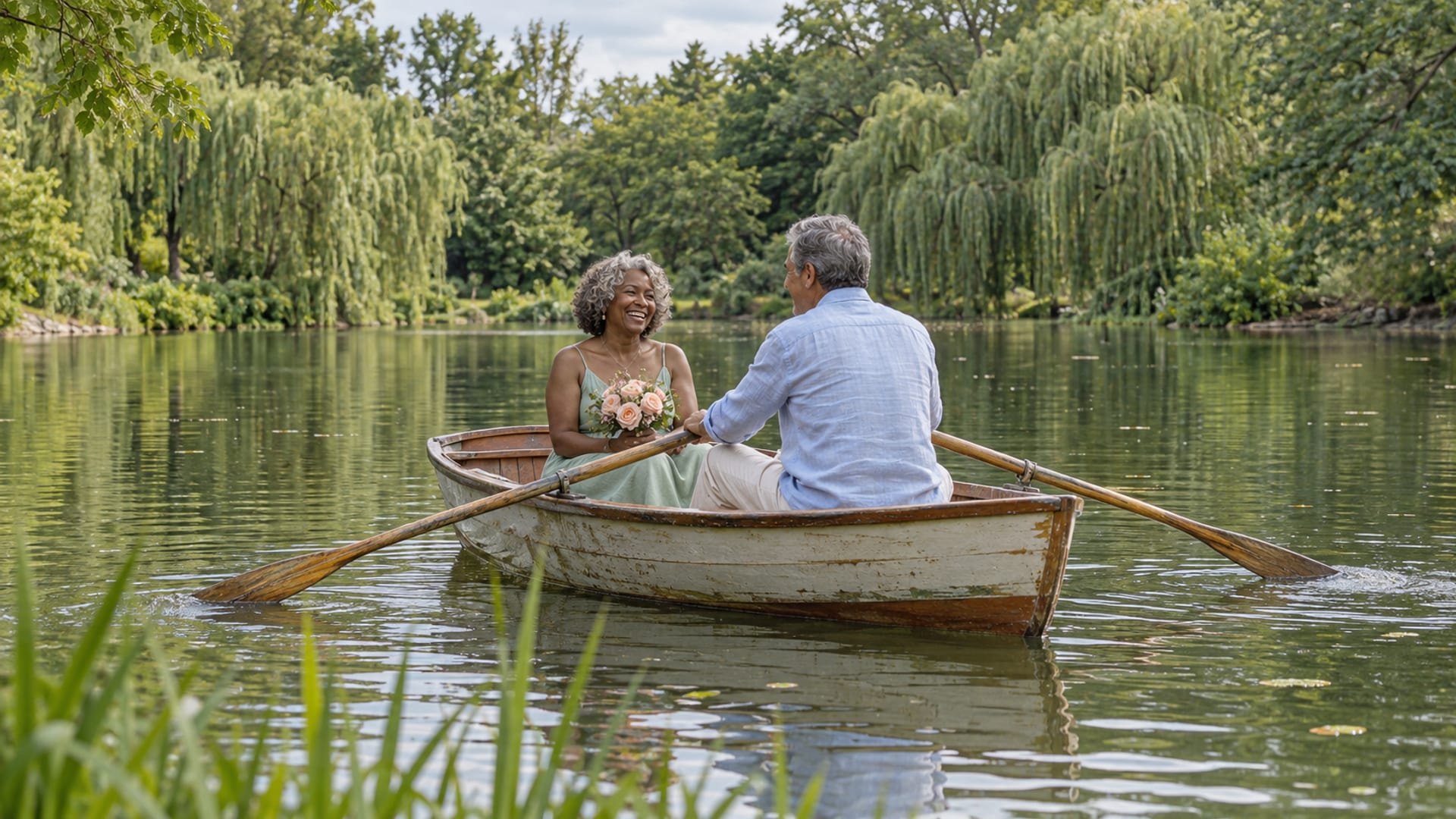 A couple in their sixties in a small wooden rowboat on a calm park lake, a man with light olive skin rowing slowly and a woman with deep brown skin holding garden roses and laughing, willows and old trees around the water