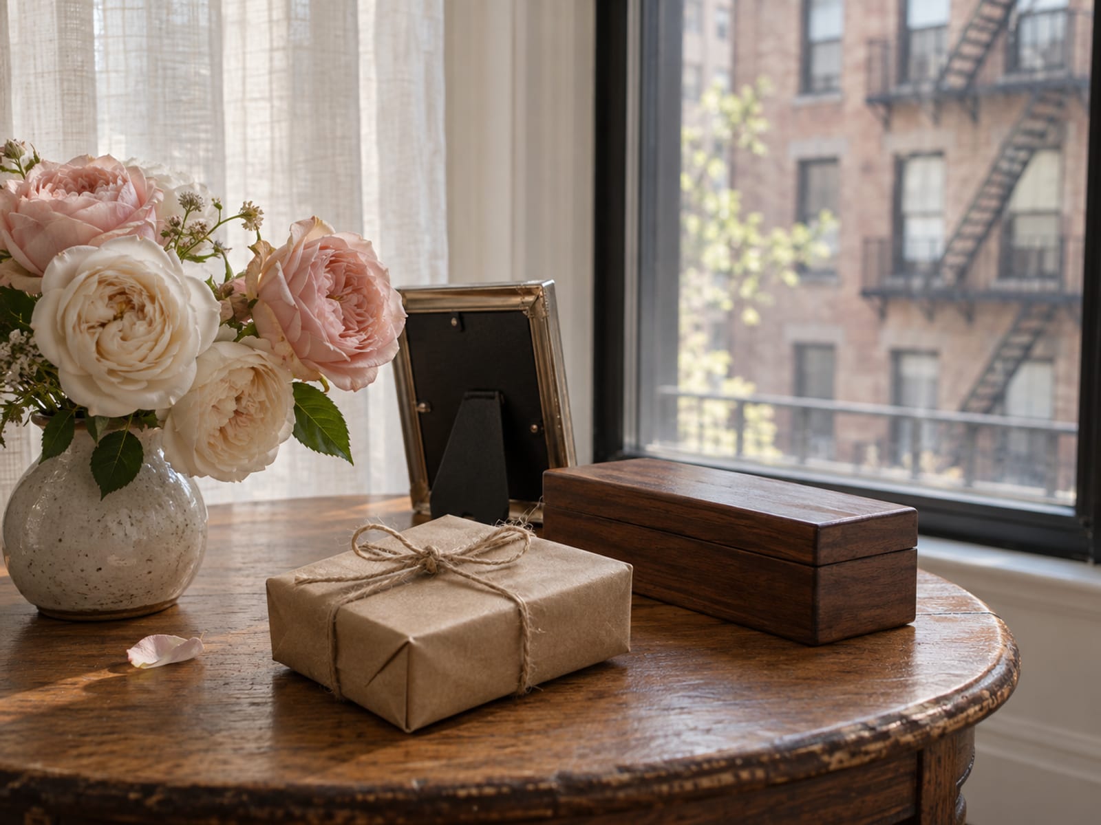 A small gift wrapped in brown paper and tied with twine, a slim closed wooden keepsake box and a small silver picture frame seen from the back, beside a low vase of garden roses on a wooden side table by an apartment window