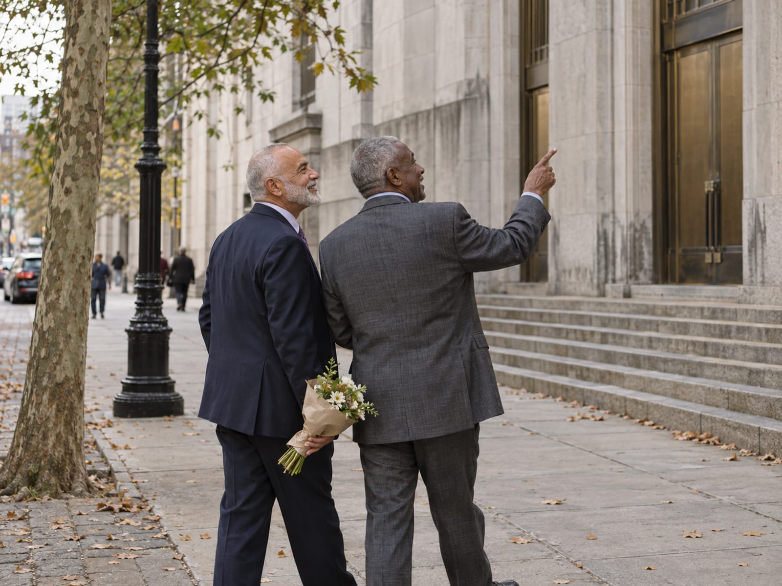 Two men in their seventies, dressed up, one with warm tan skin and one with dark brown skin, standing on the sidewalk of a narrow downtown street across from a granite civic building with bronze doors, one holding flowers wrapped in plain paper and the other pointing up at the building