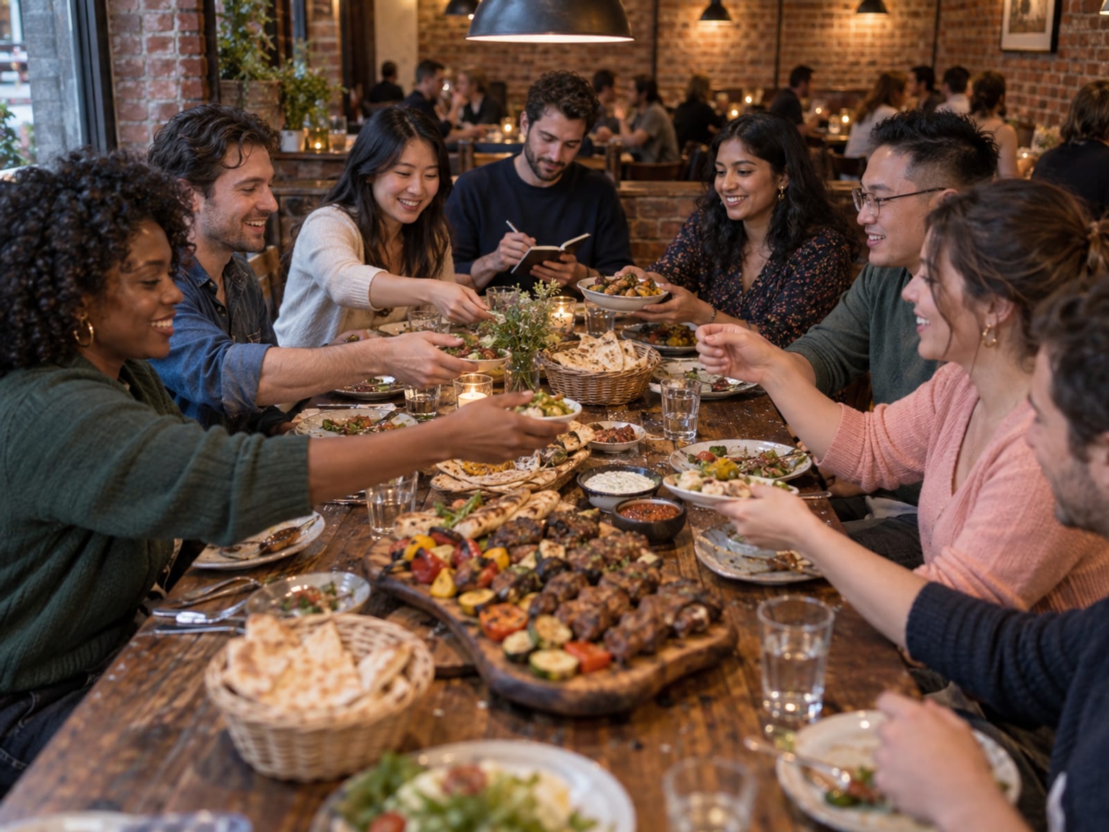 Eight friends in their early thirties passing platters of grilled food and bread along a long wooden table in a busy restaurant, one at the end writing in a small closed notebook