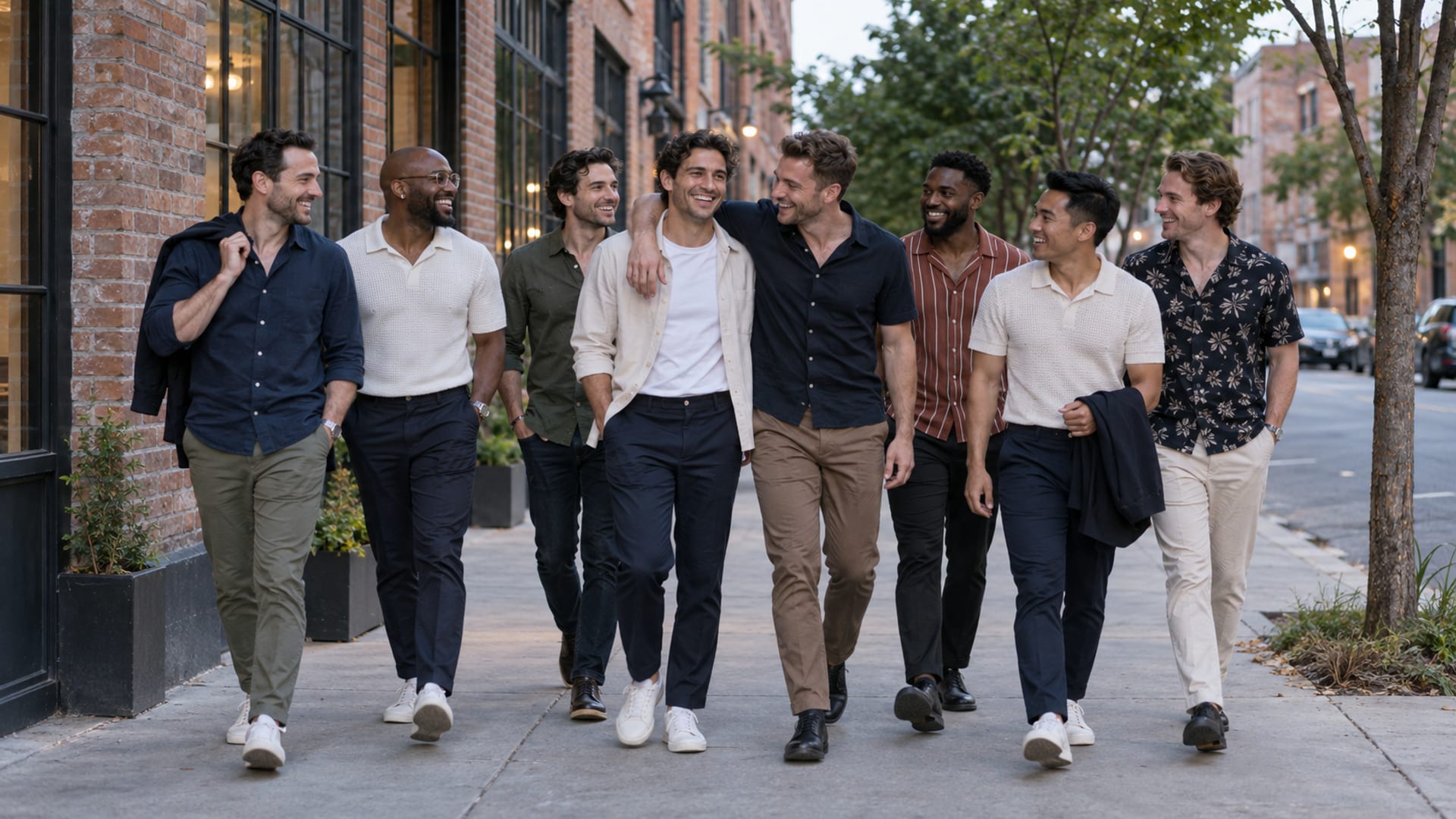 Eight friends in their early thirties with a mix of skin tones walk together along a wide Brooklyn sidewalk lined with converted brick factory buildings, jackets over their shoulders and laughing, the guest of honor in the middle with a friend's arm around his shoulders