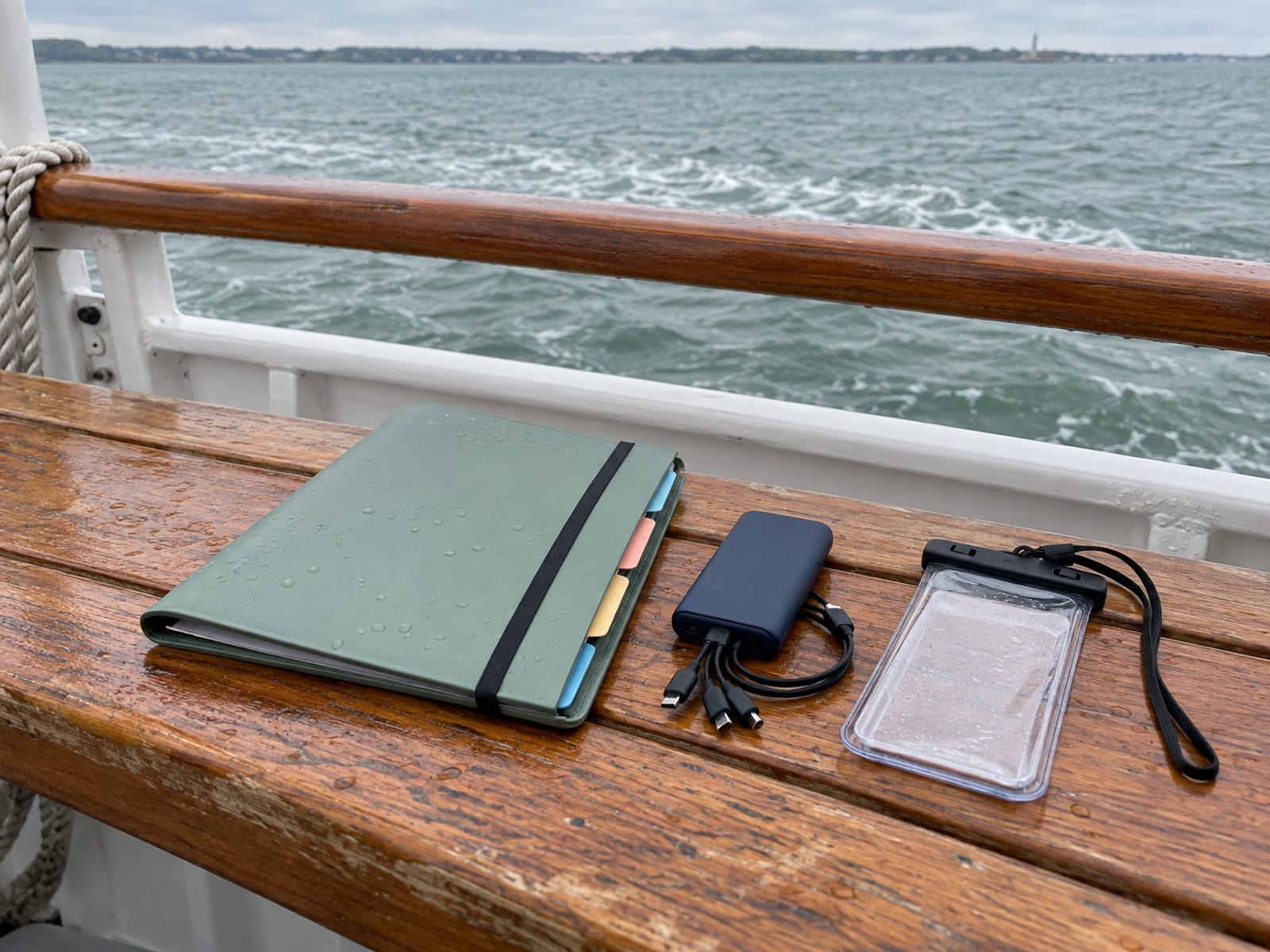A slim closed water-resistant folder with colored tab dividers, a portable charger with short cables and a clear waterproof phone pouch on the wooden bench of a small boat, grey-green water and a low shore beyond