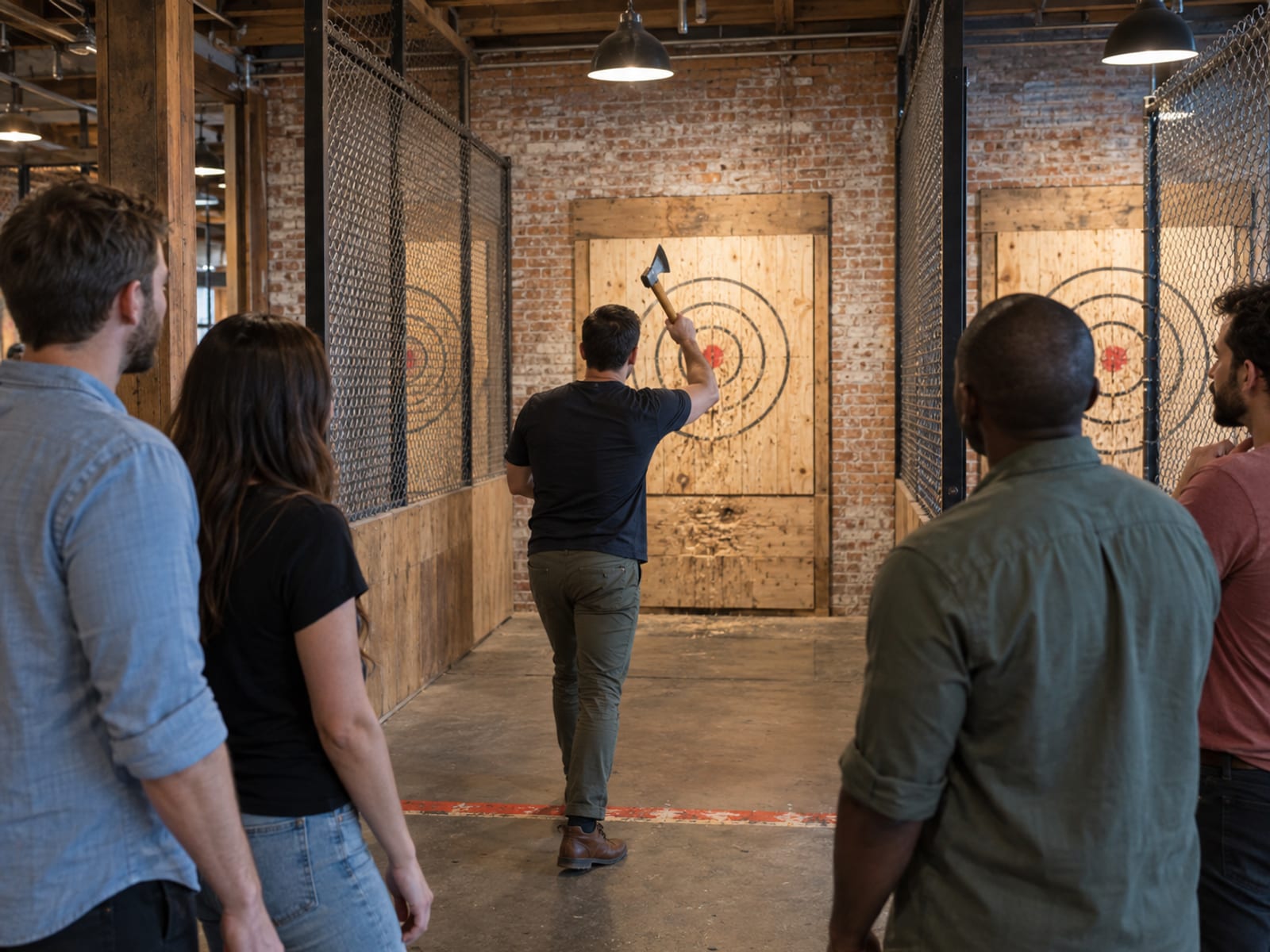 An instructor seen from behind demonstrating a throw with a small wooden-handled hatchet at a wooden target in a warehouse lane, four friends in their thirties watching from behind a painted floor line