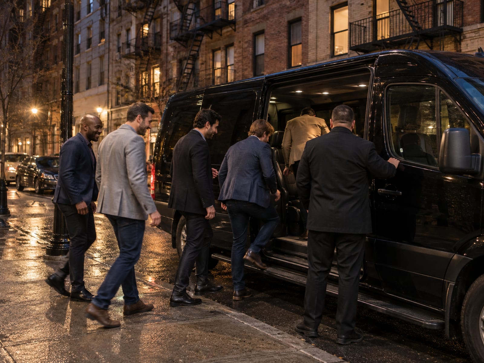 A black unmarked passenger van at the curb of a quiet Manhattan side street at night, the driver seen from behind holding the sliding door open as six friends in their thirties climb in