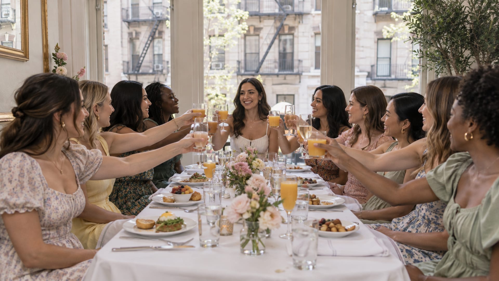 Ten friends in their late twenties with a mix of skin tones at a long brunch table by tall windows in a corner restaurant, raising glasses of orange juice and sparkling wine toward the guest of honor in a white sundress at the head of the table