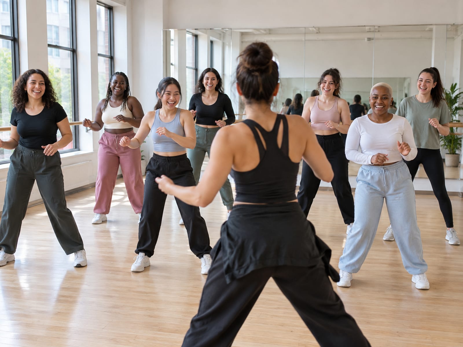 Un grupo diverso de amistades de unos veinte años se ríe mientras intenta seguir un paso de baile que muestra un instructor visto de espaldas, en un estudio luminoso con piso de madera y una pared de espejos