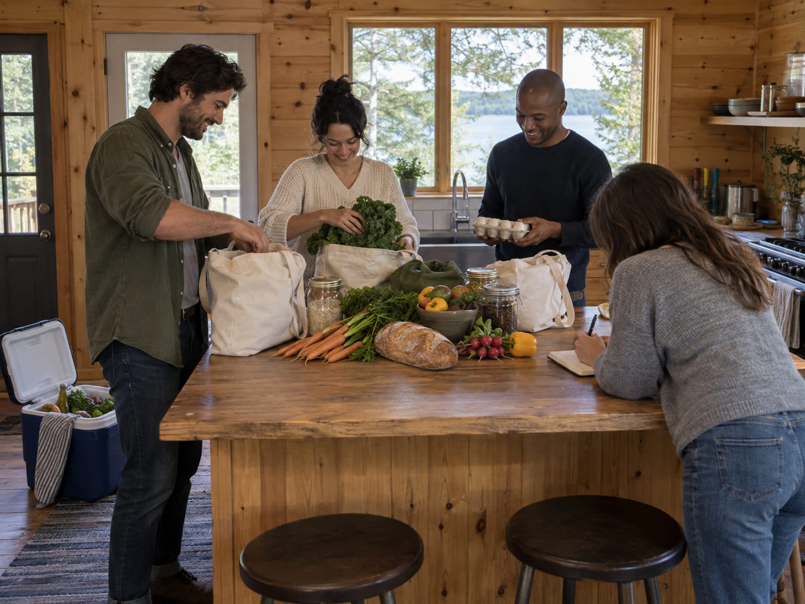 Four friends in their thirties unpacking shared groceries onto the kitchen island of a lake house with pine walls, one writing in a small notebook turned away from the camera, grocery bags and a cooler on the floor
