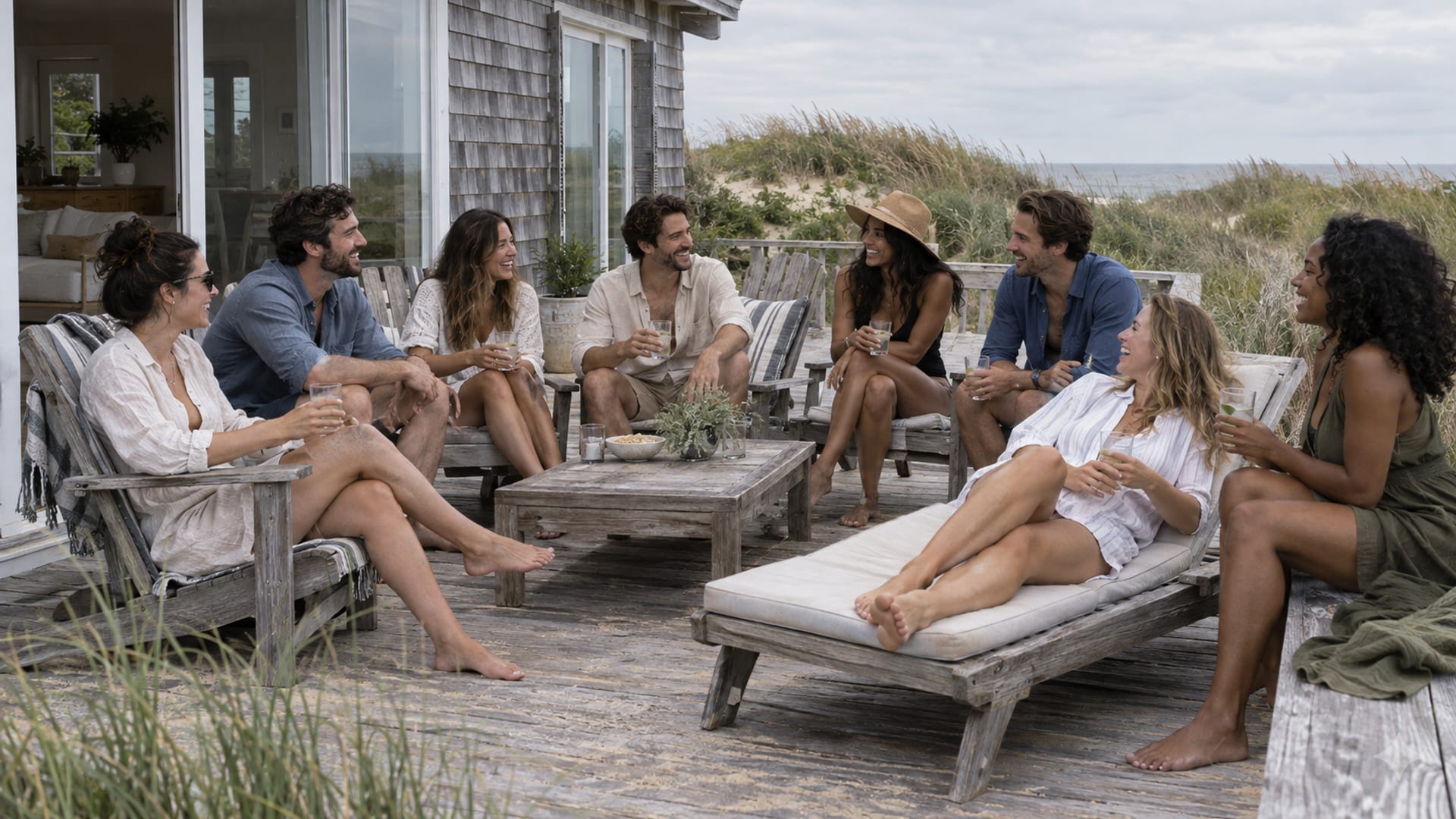 Eight friends in their early thirties with a mix of skin tones relax on the wooden deck of a cedar-shingled beach house among beach grass and low dunes, drinks on a low table and one friend stretched out on a lounger under an overcast sky