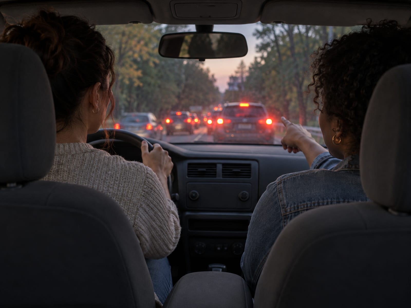 The view from the back seat of a car in slow Friday evening traffic on a wooded parkway, two friends in their thirties in the front seats, one pointing ahead, blurred red brake lights beyond the windshield