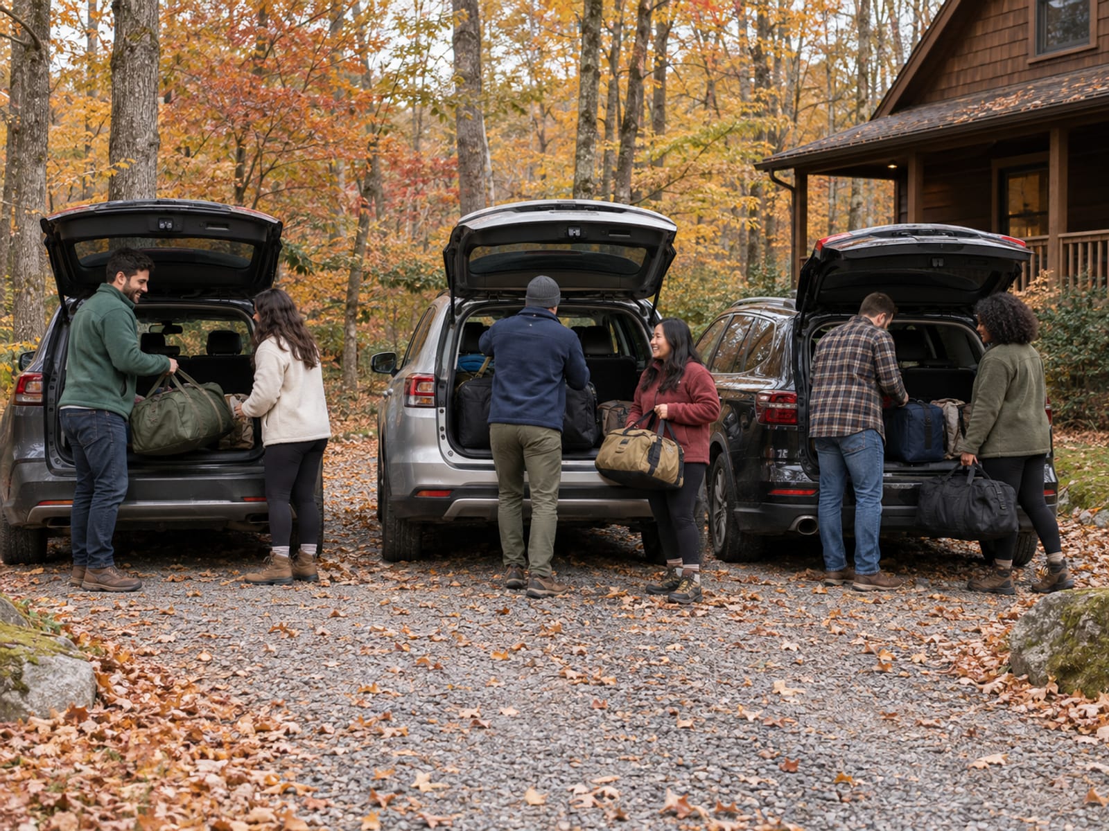 A gravel driveway of a rented house in autumn woods with three cars parked side by side, a mixed group of friends in their thirties lifting weekend bags out of the open trunks, fallen leaves on the gravel