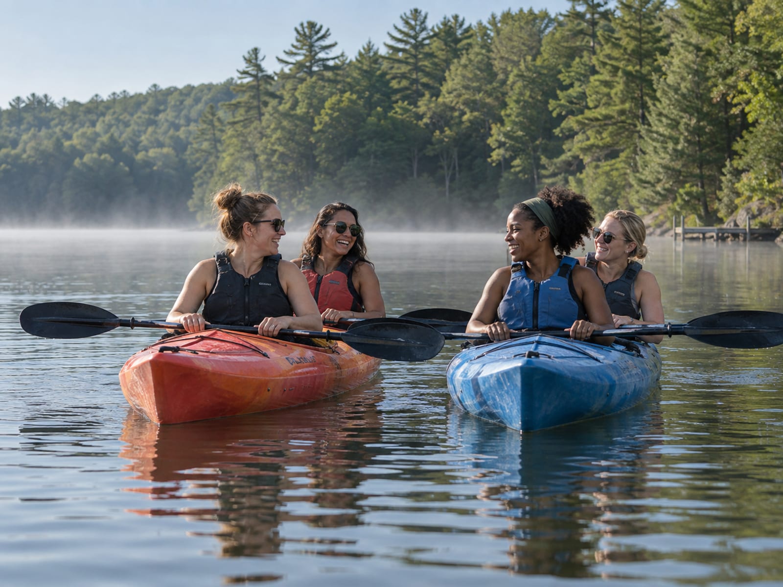 Four friends in their thirties in two kayaks on a calm lake with wooded shores on a summer morning, mist lifting off the water, paddles resting across their laps as they talk