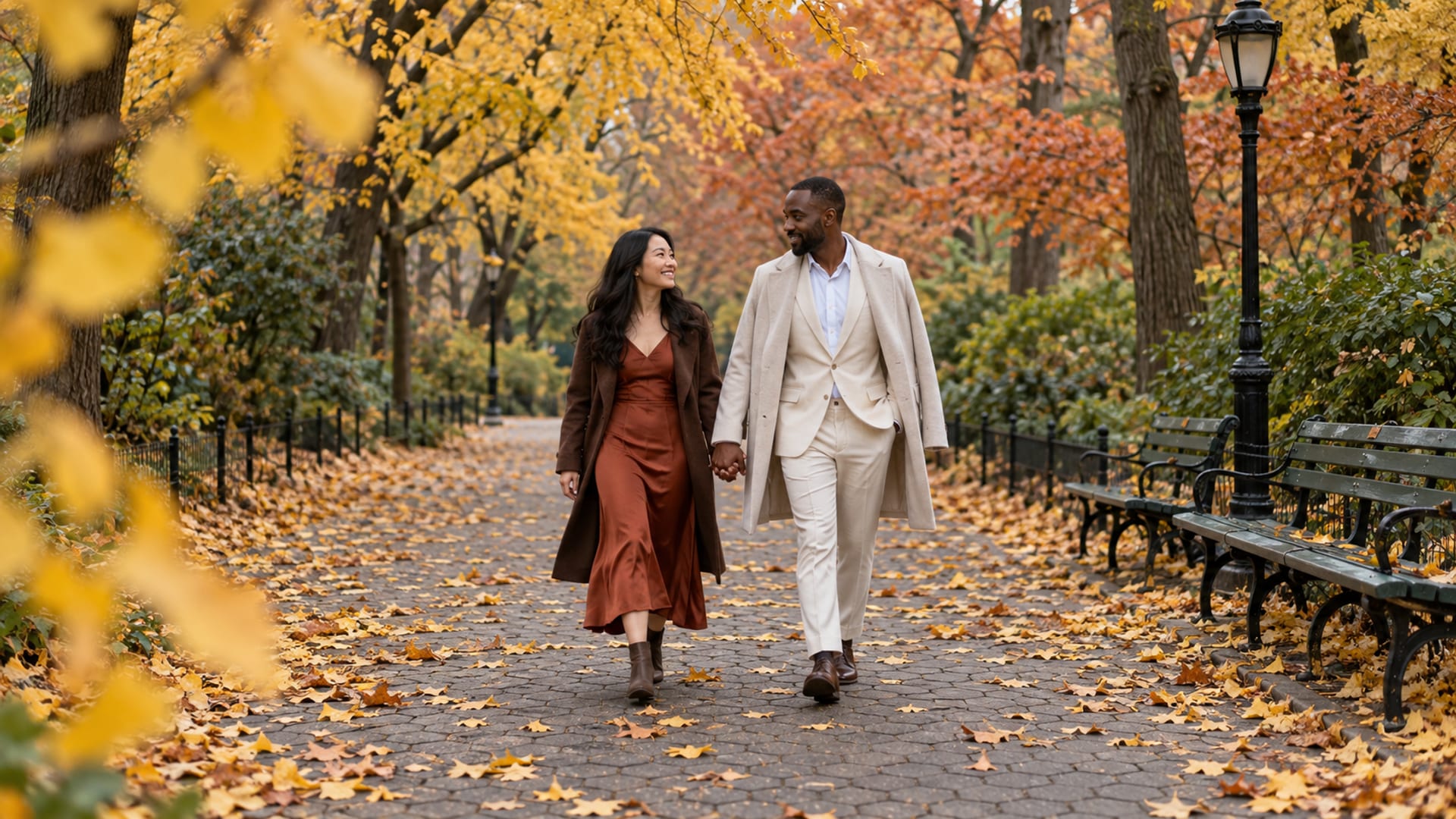 A woman and a man, she with light skin and he with deep brown skin, in a rust dress and a cream suit walk hand in hand along a park path under yellow ginkgo and orange maple trees, fallen leaves on hexagonal pavers