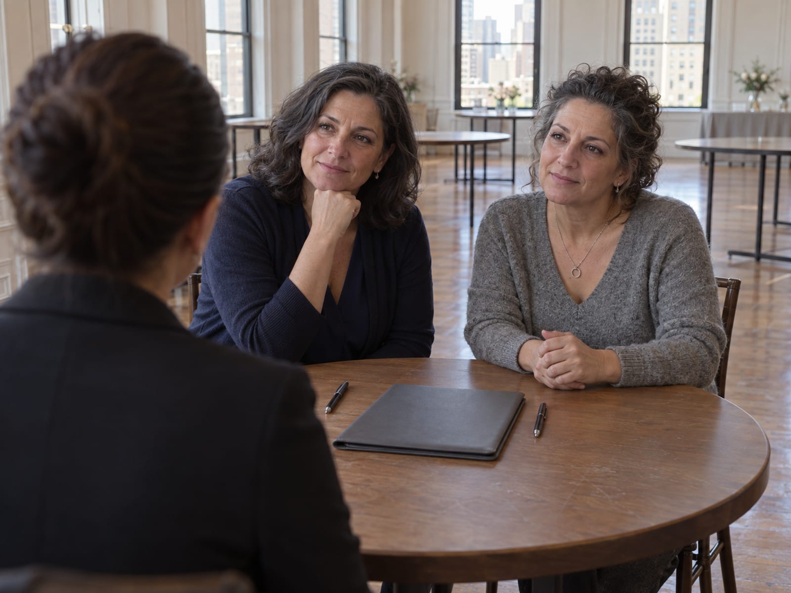 Two women in their fifties, both with light olive skin, at a round table in an empty reception room across from a venue manager seen from behind, a closed grey document folder and two pens on the table