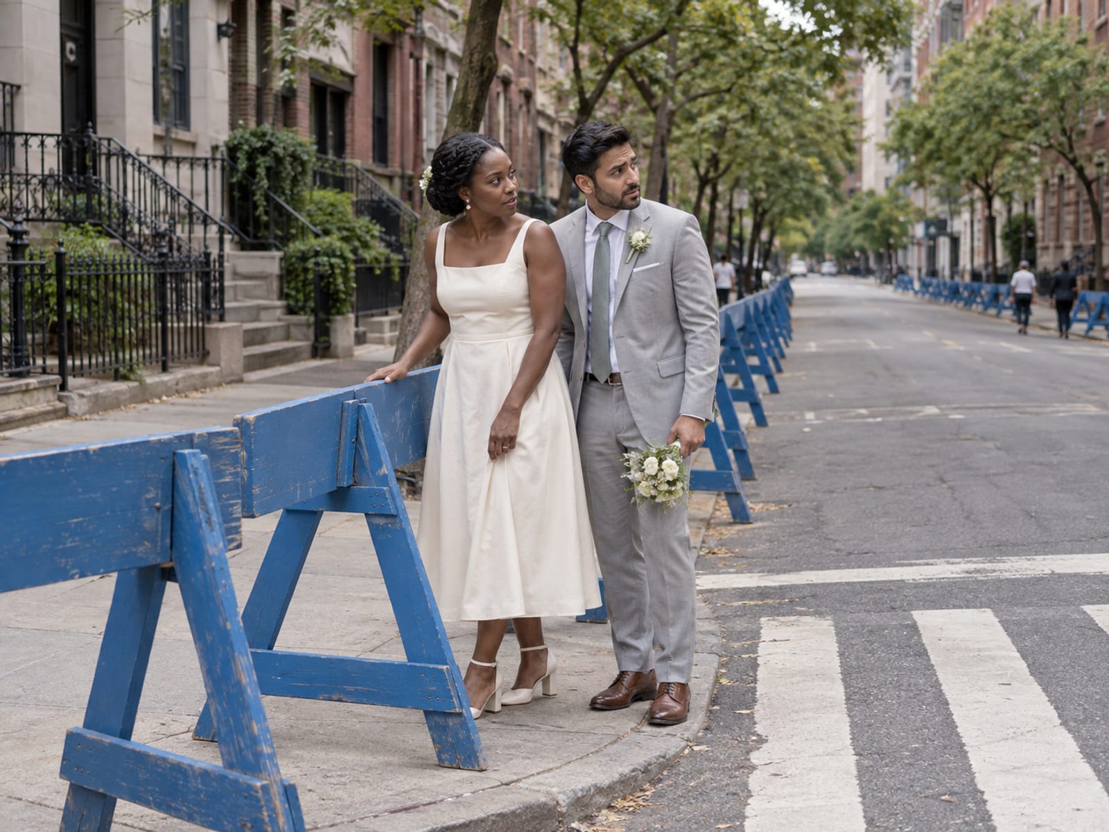 A woman and a man in their thirties, she with dark skin in an ivory midi dress and he with light tan skin in a light grey suit, pause at a plain blue barricade on a closed Manhattan avenue lined with plane trees and prewar buildings