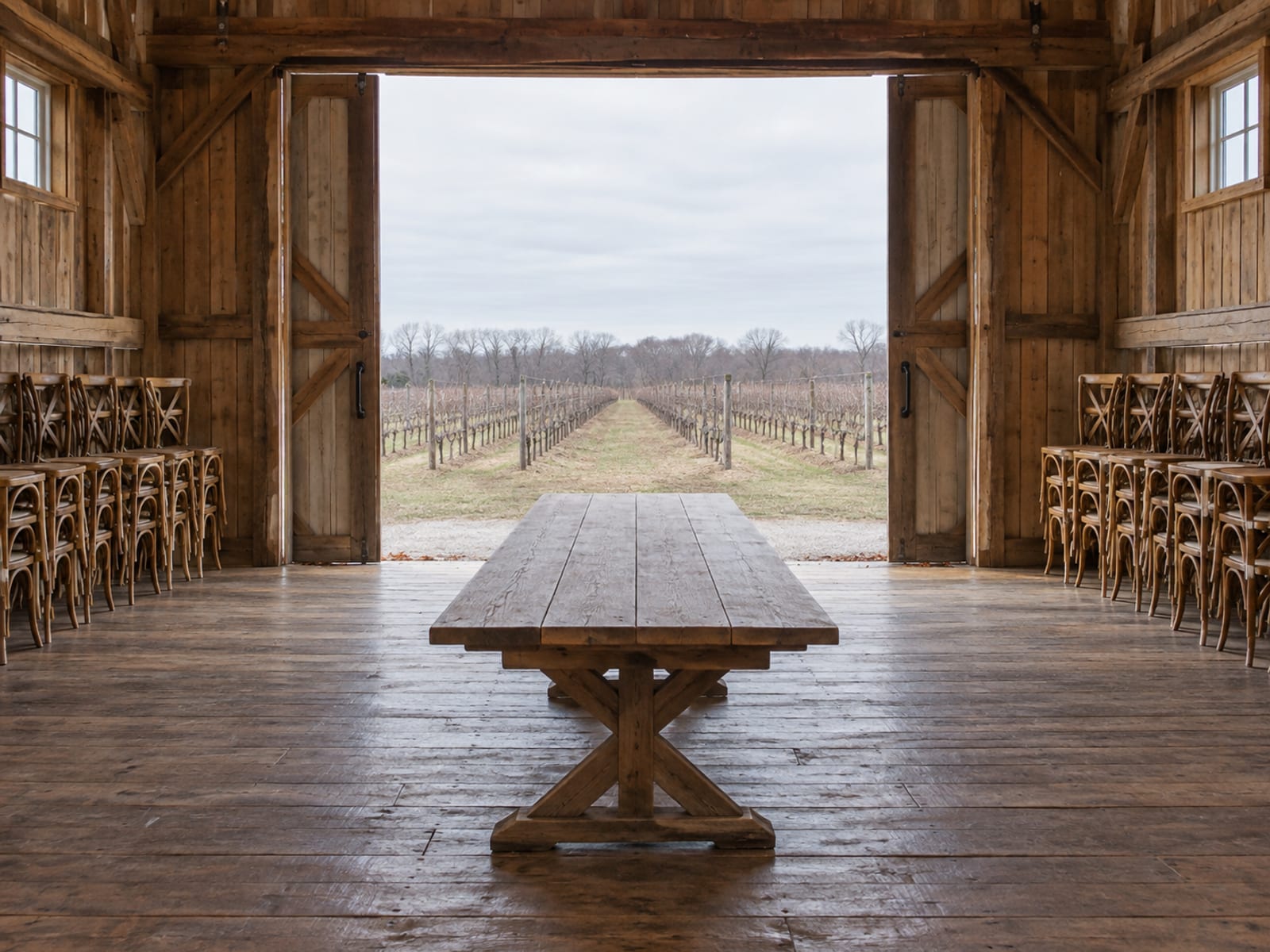 An empty vineyard event barn in early spring with wooden chairs stacked along a wall, a bare wooden table and open doors onto rows of pruned vines