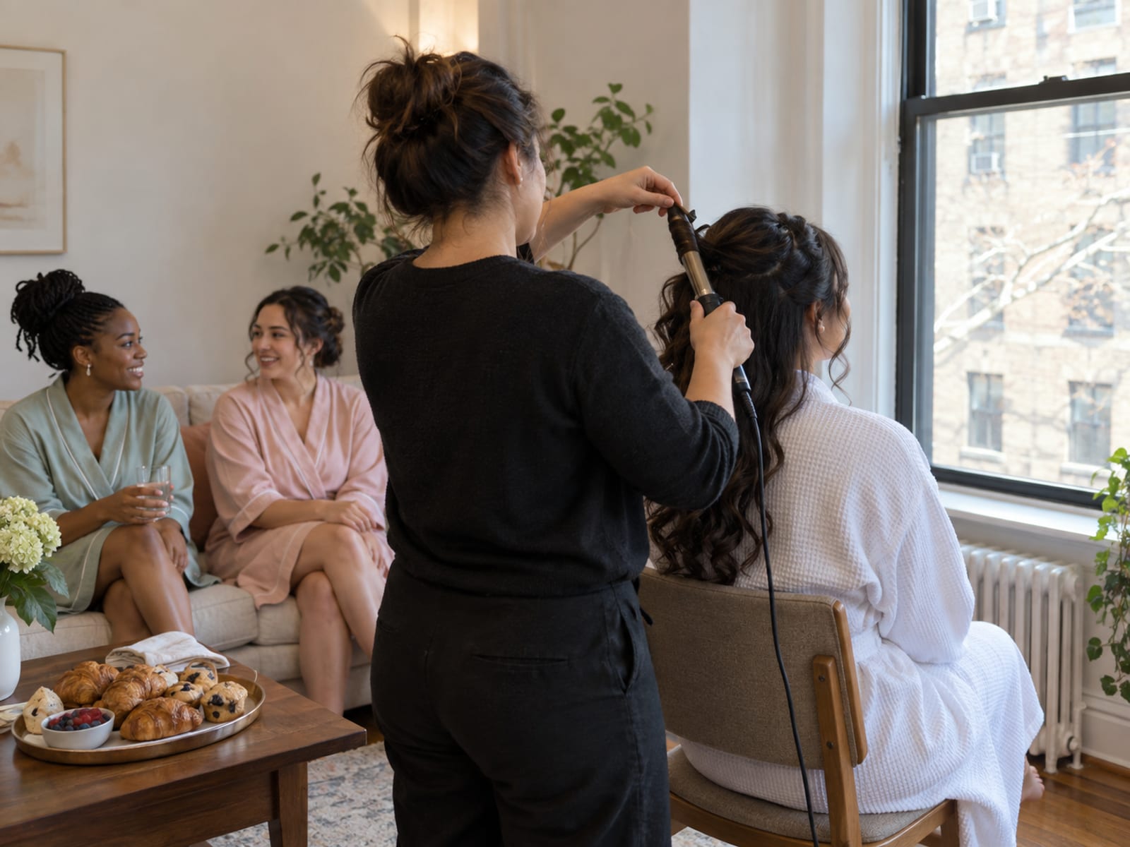 A hair stylist seen from behind curling the hair of a person in a white robe seated by a tall window, while two attendants in robes wait on a sofa beside a low table with a tray of breakfast pastries