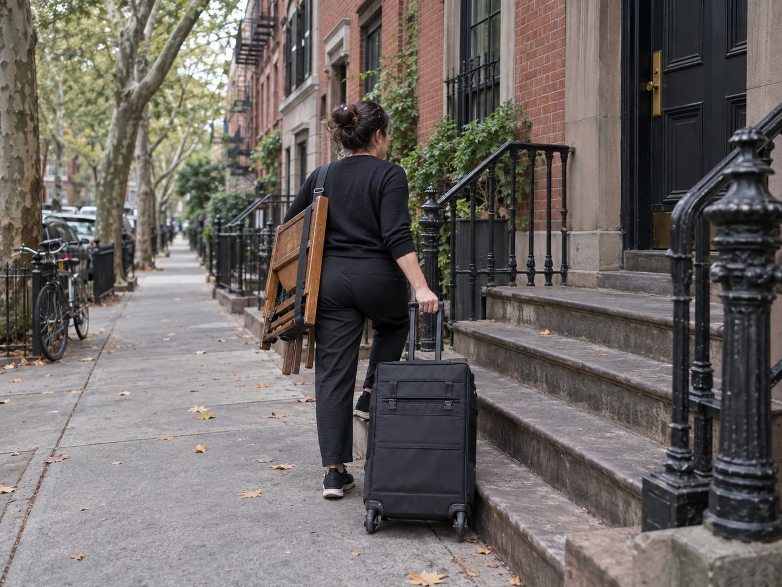 A makeup artist in their thirties pulling a plain black rolling train case up to the front door of a brick apartment building on a quiet early-morning street, a folding chair slung over one shoulder