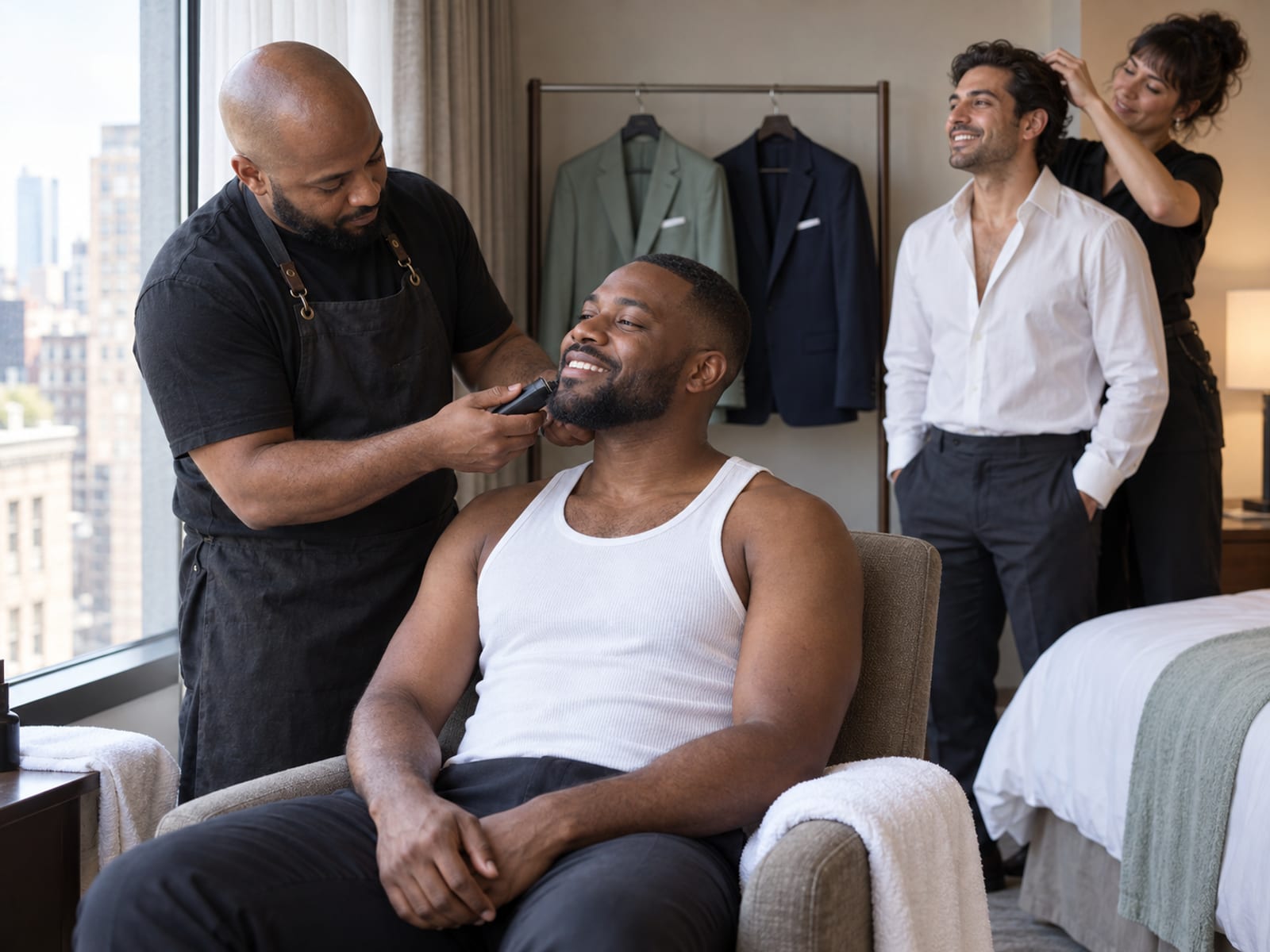 Two men in their thirties, one with deep brown skin and one with light olive skin, in a hotel room by a window, one seated while a barber trims his beard and the other having his hair finished by a stylist in the background, both laughing