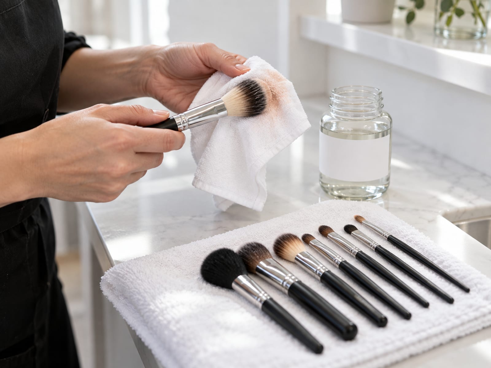 A makeup artist's hands wiping a brush with a clean cloth, a row of already cleaned brushes laid on a folded white towel on a white salon counter beside a small jar with a blank label, the artist's face out of frame
