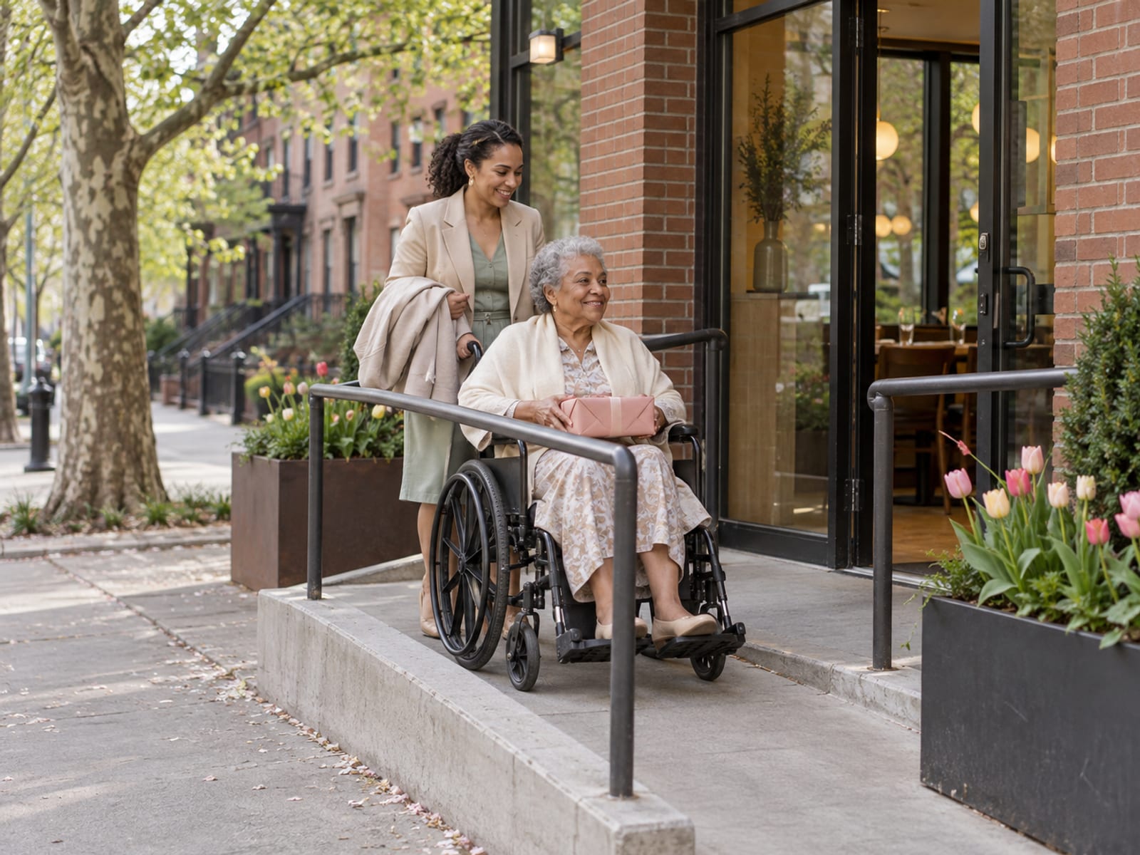 A guest in their seventies in a wheelchair, holding a plainly wrapped gift on their lap, being wheeled up a gentle ramp into a Queens restaurant by a younger relative carrying a coat over one arm