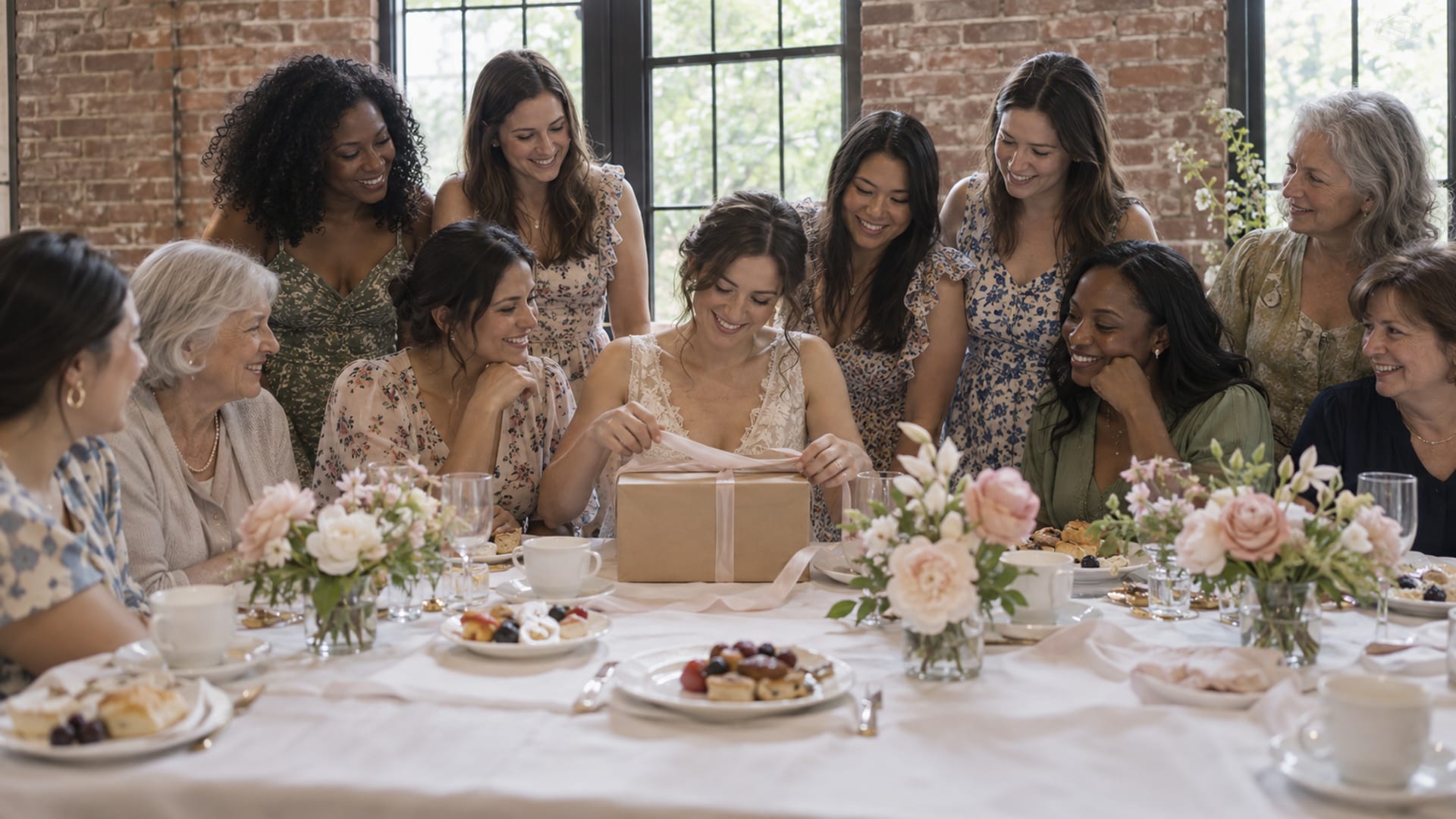 About twelve guests of mixed ages from their twenties to their seventies at a long table with white linen and low blush flowers in a sunlit restaurant private room, leaning in and smiling as the guest of honor at the center opens a gift wrapped in plain paper