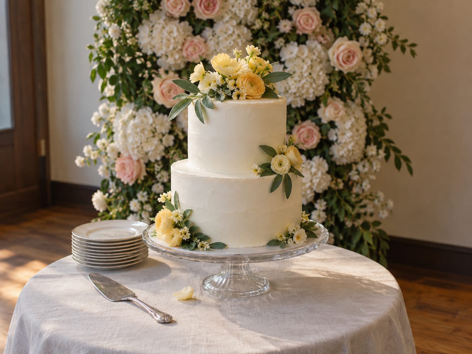 A small round cake decorated with fresh sage-green leaves and butter-yellow flowers on a glass cake stand, in front of a backdrop of blush and white flowers on a side table