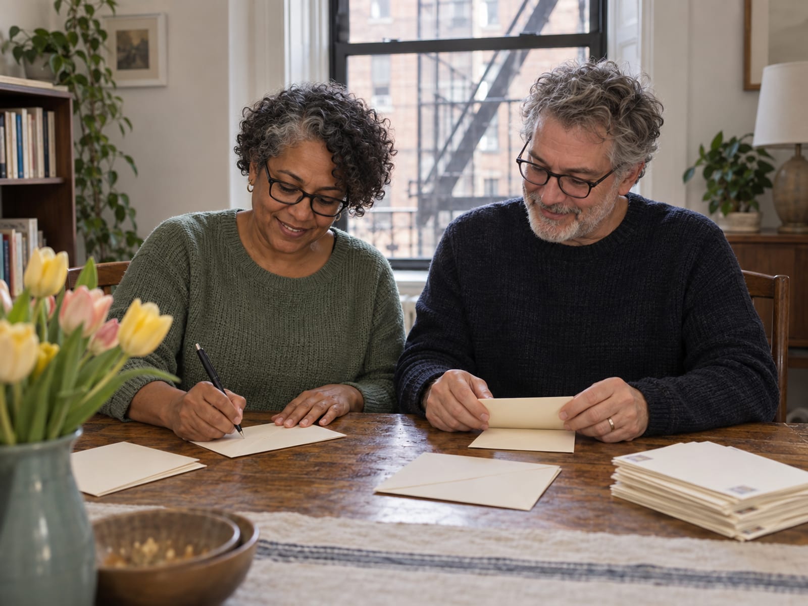 Two people in their fifties, one with medium brown skin and one with light skin, addressing cream envelopes by hand at an apartment dining table, the envelopes blank side up beside a stack face down and a vase of tulips