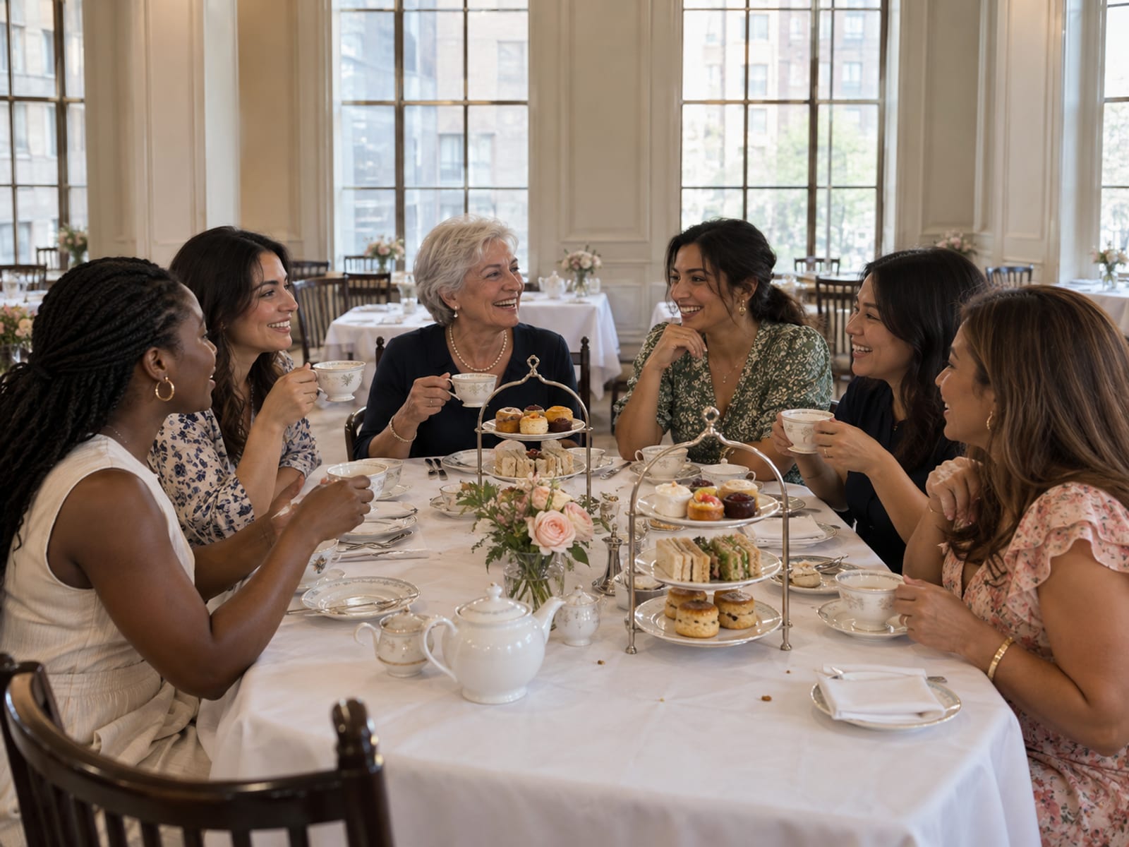 Six guests from their twenties to their seventies talking around an afternoon tea table by tall windows, with tiered stands of small sandwiches and scones, white china cups and a teapot