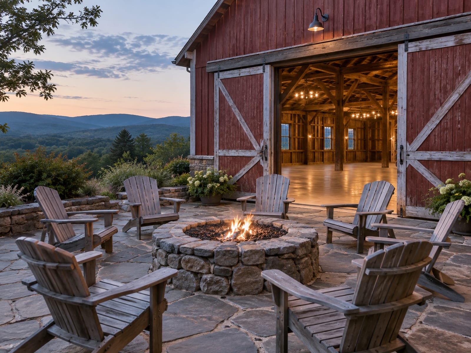 A stone patio with a round fire pit ringed by wooden Adirondack chairs outside a converted dairy barn, its big doors open onto an empty wood floor, with blue hills fading behind in the early evening