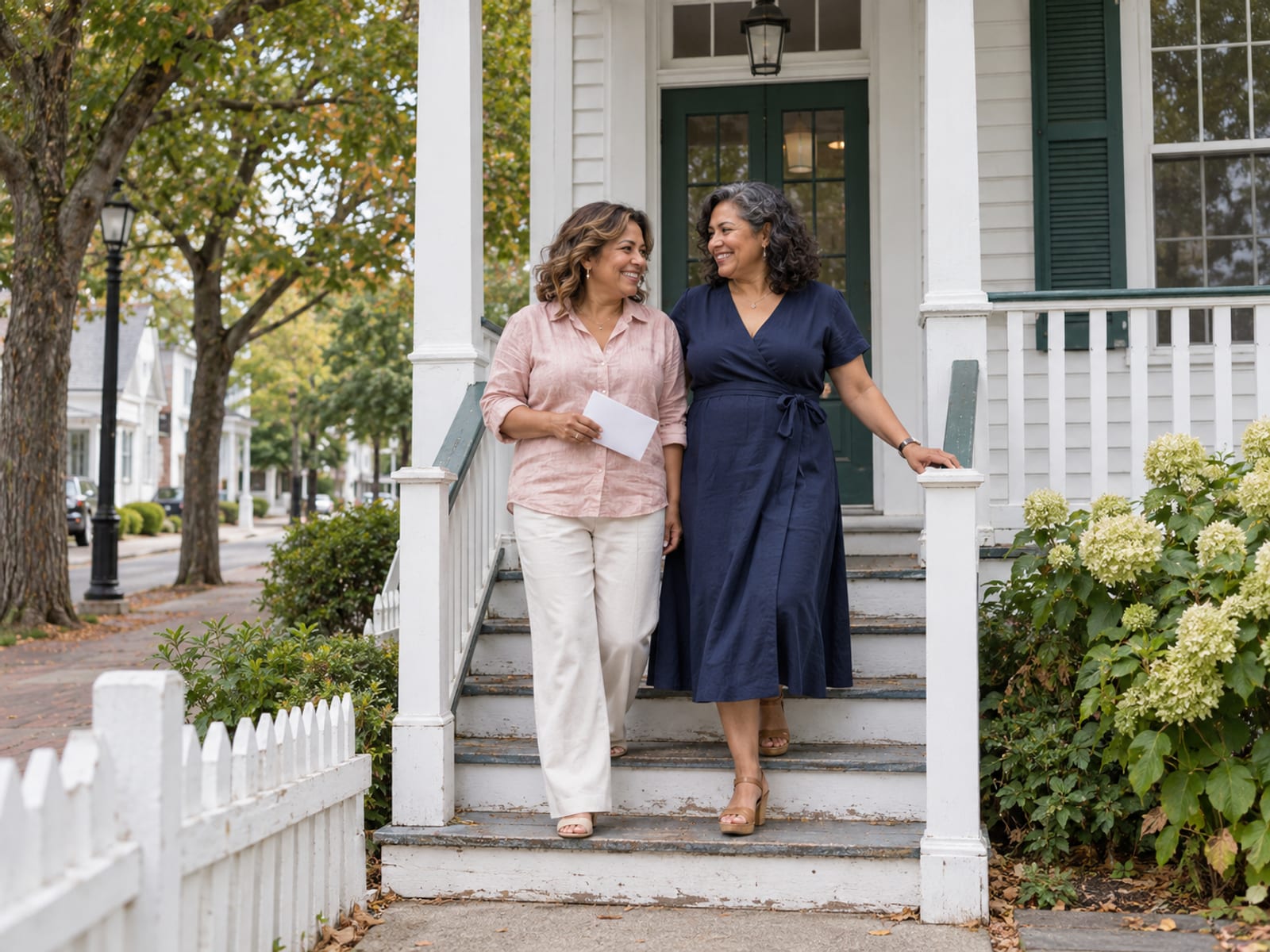 Two women in their fifties, both with golden brown skin, walking down the wooden steps of a small white clapboard town office with green shutters on a village main street, one holding a plain envelope